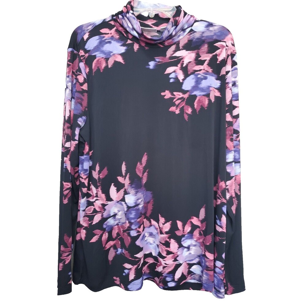 Susan Graver LiquidKnit Mock Neck Black Floral Long Sleeve Tunic Size XL